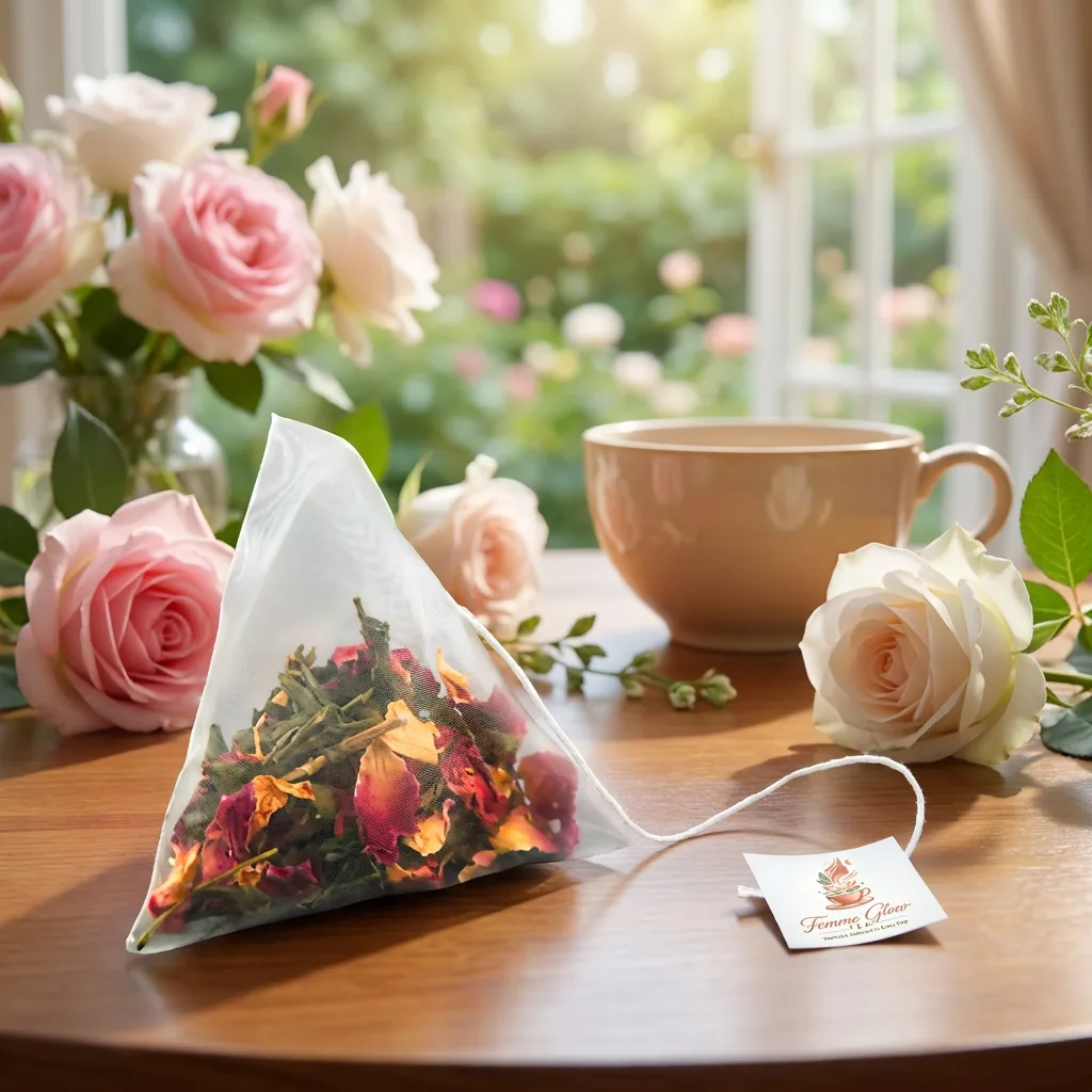 An open Femme Glow sachet and a cup in soft window light