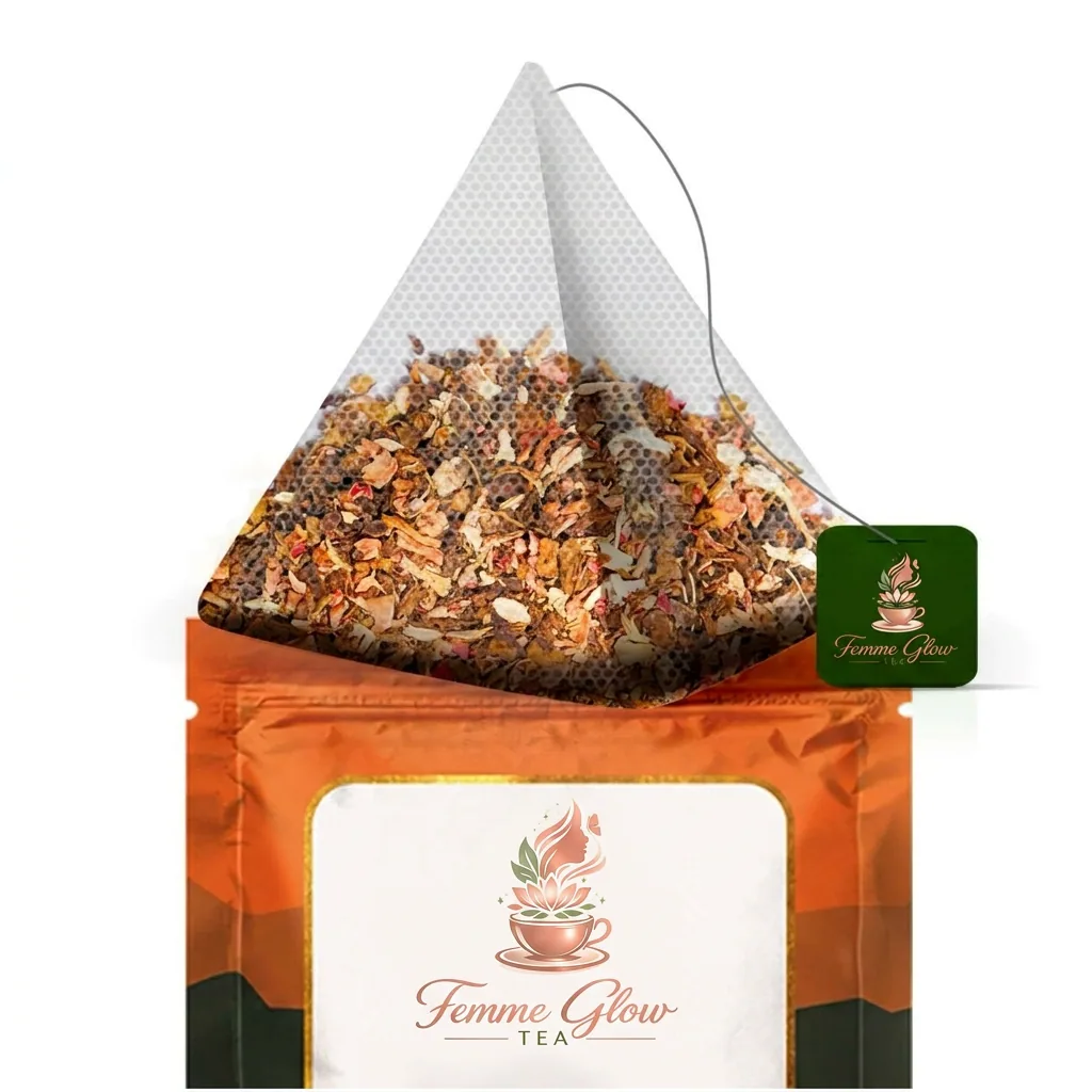 A Femme Glow pyramid sachet with whole botanicals