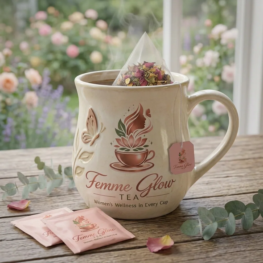 A branded Femme Glow mug